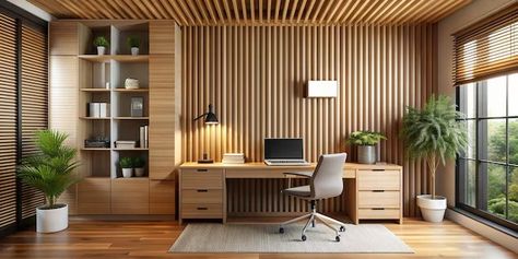 Wood Slat Desk, Wood Panel Office Ideas, Wood Panel Office, Slat Desk, Wood Slat Wall, Bedroom Desk, Slat Wall, Wood Desk, Wood Slats