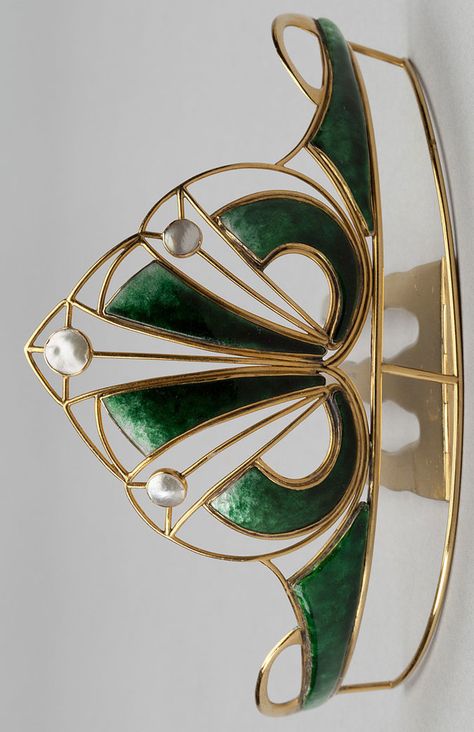 ENAMEL AND MOTHER-OF-PEARL HAIR COMB,  CIRCA 1900. Of stylised foliate open work design, decorated with green enamel graduating in colour, accented with mother-of-pearl, to a hinged comb fitting, inner circumference approximately 135mm, signed A & J.S, fitted case, A & J. Smith, Jewellers, Aberdeen. Jeweled Hair Comb, Jeweled Hair, Fantasy Crown, Piskel Art, J Smith, Headpiece Jewelry, Crown Vintage, Work Design, J S