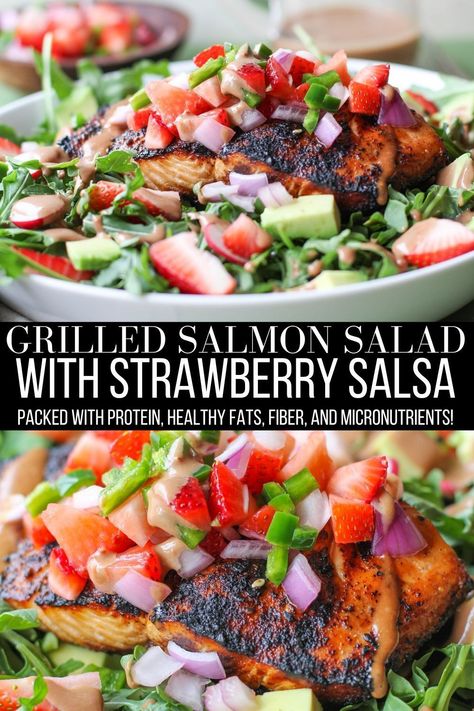 Salmon Arugula, Salad With Strawberry, Balsamic Pasta, Grilled Salmon Salad, Salsa Avocado, Balsamic Glaze Recipes, Homemade Balsamic Vinaigrette, Salmon Salad Recipes, Strawberry Salsa