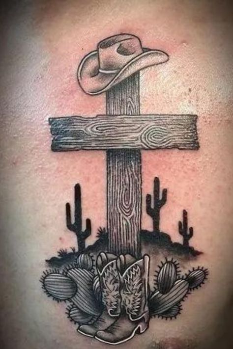 Cowboy Boots And Angel Wings Tattoo, Western Brand Tattoo Ideas, Men Country Tattoos, Cross With Cowboy Hat Tattoo, Western Biblical Tattoos, Praying Cowboy Tattoo, Cowboy Hat With Feather Tattoo, Tattoo Ideas For Men Country, Cowboys And Angels Tattoo