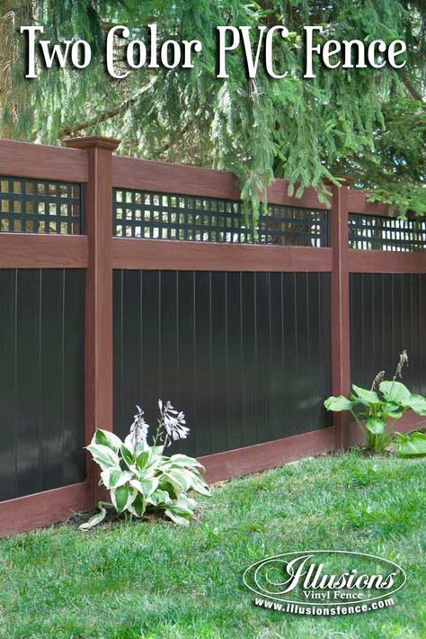 @illusionsfence Rosewood and Black PVC Vinyl Privacy Fence. #fenceideas #dreamyard #fence Backyard Living Spaces, Cheap Privacy Fence, Vinyl Fence Panels, Vinyl Privacy Fence, Pvc Fence, Porch Life, Privacy Fence Designs, Fence Styles, Diy Fence