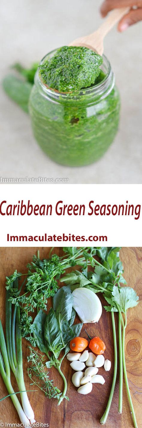 Jump to Recipe Print Recipe     Green Seasoning/Sauce – a customizable sauce/seasoning made from various  herbs like basil, parsley, celery, thyme, rosemary, garlic, onion, green onion and habanera pepper. A great addition of flavor to your favorite meat! Green seasoning is a versatile sauce or paste that is often used through out the Carribbean island  and … Carribean Sauce, Green Seasoning Recipe, Grill Foods, Green Seasoning, Trinidadian Recipes, Trinidad Recipes, Carribean Food, Trini Food, Meat Marinade