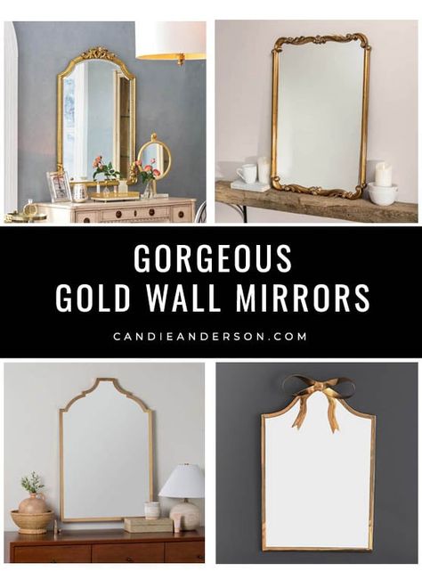 20 Best Gold Wall Mirrors In Every Design, Style & Trend - Candie Anderson Gold Entryway Mirror, Golden Mirror Aesthetic, Gold Mirror Entryway, Lobby Aesthetic, Mirror Wall Design, French Fireplace Mantel, Rattan Bedroom, Round Gold Mirror, French Fireplace