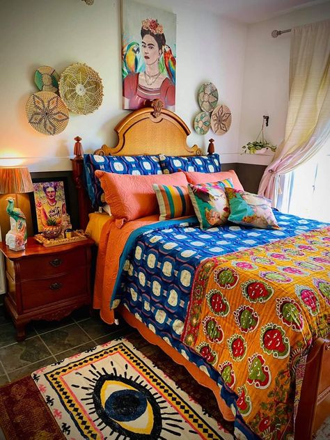 Mexican Style Bedroom, Mexican Bedroom Decor, Retro Bedroom Furniture, Mexican Bedroom, Narrow Bedside, Bold Eclectic, Indian Bedroom Decor, Indian Bedroom, Bedroom Design Inspiration