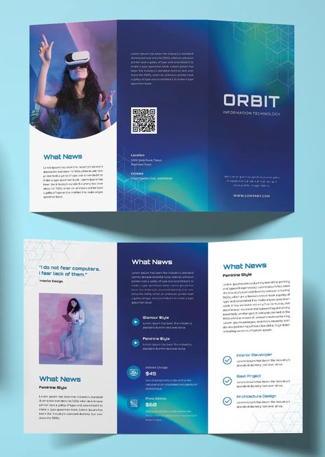 Technology Trifold Brochure Template INDD Product Pamphlet Design, Tech Company Brochure Design, Modern Trifold Brochure Design, Tech Brochure Design, Trifold Brochure Design Creative, Graphic Design Brochure Layout, Tech Brochure, Technology Brochure Design, Product Brochure Design