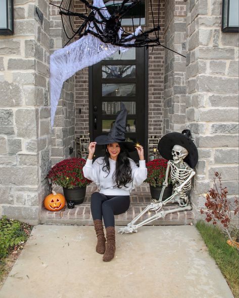 I decided to actually decorate my front porch for halloween this year! It turned out so cute! 

#halloween #halloweendecor #cutehalloween #costumes #skeleton #pumpkins #fall22 Skeleton On Porch Ideas, Porch Skeleton Ideas, Front Porch Skeleton Decor, Porch Skeleton, Front Porch Skeleton, Skeleton Porch Decor, Skeleton Front Porch, Halloween Front Yard, 12 Ft Skeleton Decor