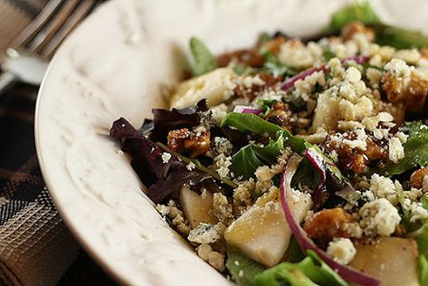 Pear, Walnut and Bleu Cheese Salad with Maple Dijon Dressing from Nordstrom’s Cafe by Alice V - Key Ingredient Maple Dijon Dressing, Nordstrom Cafe, Pecan Halves, Vinegar Salad, Gorgonzola Salad, Caramelized Walnuts, Colorado Food, Dijon Dressing, Blue Cheese Salad