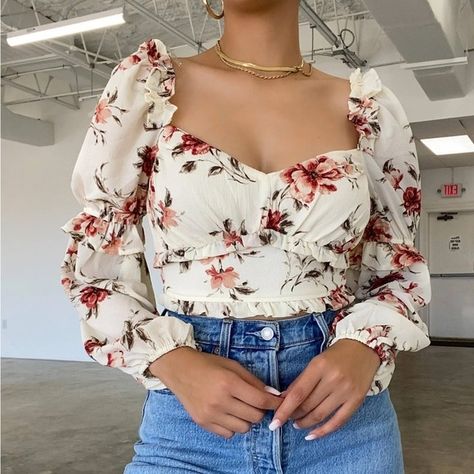 Blouse Size Chart, Lantern Sleeve Top, Off Shoulder Crop Top, Chic Type, Blouse Material, Floral Decoration, Shoulder Crop Top, Long Sleeve Crop, Crop Blouse