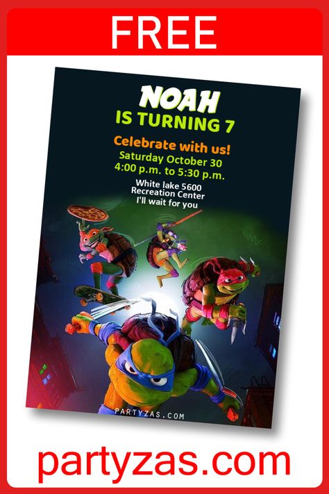 On PARTYZAS.COM create this FREE Digital NINJA TURTLES Invitation. Edit your Ninja Turtles Birthday invitation with this Free Personalize Template. Teenage Mutant Ninja Turtles Invitations, Ninja Turtle Birthday Invitations, Ninja Turtles Invitations, Turtle Invitations, Joshua Birthday, Ninja Turtle Invitations, Ninja Turtle Theme, Ninja Turtles Birthday, Tmnt Birthday