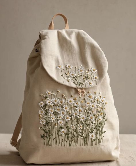 Embroidery On Backpack, Tote Bag Embroidery Ideas, Backpack Embroidery, Embroidery Purse, Simple Hand Embroidery Patterns, Handmade Fabric Bags, Embroidered Backpack, Diy Embroidery Designs, Diy Embroidery Patterns