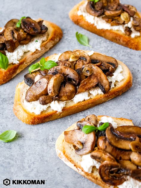 Umami Rich Mushroom Toast | Move over, avocado toast — there’s a new lunch in town! Serve ghee-fried mushroom slices over basil-ricotta cheese spread on crispy slices of sourdough bread. Drizzle the bread with olive oil and bake in the oven, instead of using a toaster. Sauté the button mushrooms with garlic, then add a splash of Kikkoman® Soy Sauce for a hardcore umami boost. Want more mushrooms? Type them into the recipe database on the Kikkoman® website to find more winning recipes! #Kikkoman Ricotta Spread, Herbed Ricotta, Ricotta Toast, Mushroom Toast, Weight Watchers Snacks, Garlic Mushrooms, Toast Recipes, Tostadas, Clean Eating Snacks