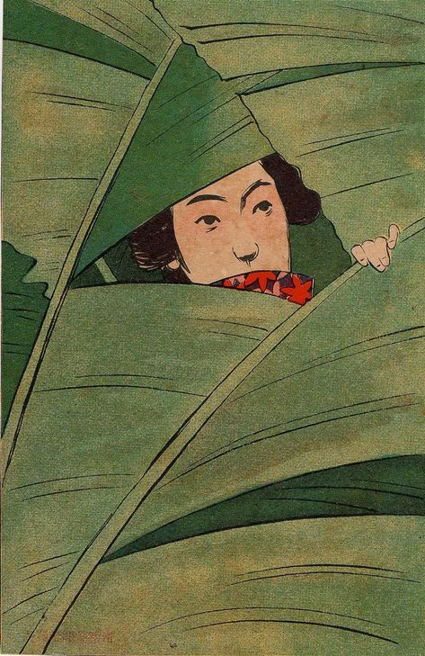 Young Woman of the Banana Leaves (Basho musume) from Ehagaki sekai Banana Leaves, Young Woman, Plants, Green, Art