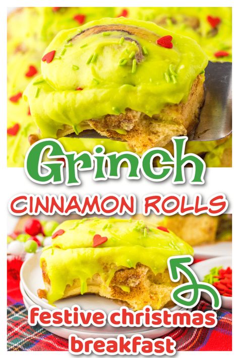 Christmas morning wouldn’t be the same without cinnamon rolls and these Grinch Cinnamon Rolls are the perfect festive treat for a holiday morning!  These start off with canned cinnamon rolls and are taken over the top with a new way of baking them in heavy cream which makes them truly decadent.  A homemade cream cheese icing dyed green tops these delicious rolls with a few heart sprinkles to give it that Grinch look. Grinch Cinnamon Rolls, Christmas Rolls Dinner, Christmas Sweet Rolls, Kid Friendly Christmas Recipes, Homemade Cream Cheese Icing, Christmas Rolls, Easy Christmas Breakfast, Cinnamon Rolls From Scratch, Holiday Favorite Recipes