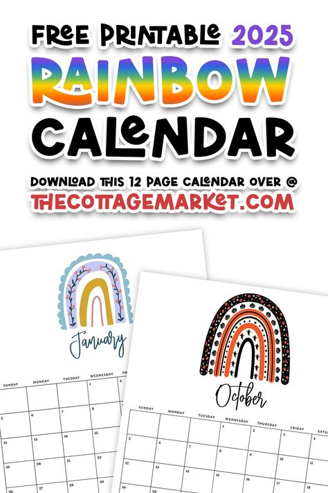 Free Printable 2025 Rainbow Calendar October Pins, Rainbow Calendar, Boho Calendar, Calendar Download, Cottage Market, Diet Planner, Free Printable Calendar, Party Banners, Rock Stars