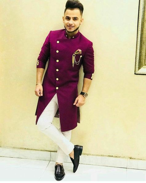 client in plain purple indowesrtern sherwani.Inquiry whatsapp 91-9511613559 or ethnicdia@gmail.com - Copy New Style Dress, Mens Indian Wear, Boys Kurta Design, Wedding Kurta For Men, Groom Dress Men, Indian Groom Wear, Wedding Dresses Men Indian, Mens Sherwani, Gents Kurta