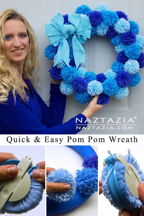 How to Make a Simple Pom Pom Wreath - Naztazia ® Pom Pom Wreaths Diy, Pom Pom Wreaths, Christmas Pom Pom Crafts, Diy Snowman Decorations, Christmas Pom Pom, Pom Wreath, Diy Pom Poms, Diy Christmas Wreaths Ideas, Christmas Wreaths Ideas