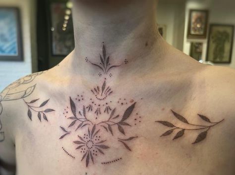 Dotwork Stomach Tattoo, Linework Chest Tattoo, Chest Throat Tattoo, Dot Work Chest Tattoo, Dot Work Neck Tattoo, Ornamental Chest Piece, Chest Tattoo Floral, Dainty Throat Tattoo, Victorian Chest Tattoo