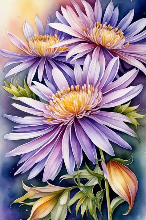 Watercolor Aster Flower, Aster Flower Tattoo Color, Aster Flower Tattoo Design, Aster Flower Drawing, Aster Watercolor, Aster Flower Tattoo, Aster Tattoo, Aster Flower Tattoos, Flower Tattoo Stencils