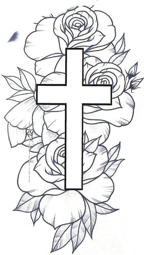 Inner Tattoos Bicep Woman, Stencil Designs Tattoo, Roses With Cross Tattoo, Cross With Roses Drawing, Simple Tattoo Stencils Outline For Women, Rose And Cross Tattoos, Sleeve Tattoos For Women Stencil, Half Sleeve Tattoo Stencils For Men, 2004 Tattoos