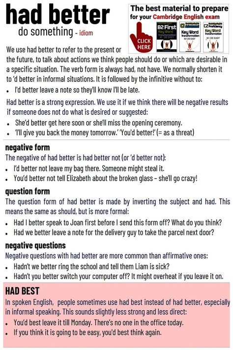 HAD BETTER - GRAMMAR Had Better Grammar, C1 Grammar, Word Transformation, Advanced Grammar, English Grammar Notes, Basic English Sentences, English Grammar Exercises, English Grammar Rules, Good Grammar