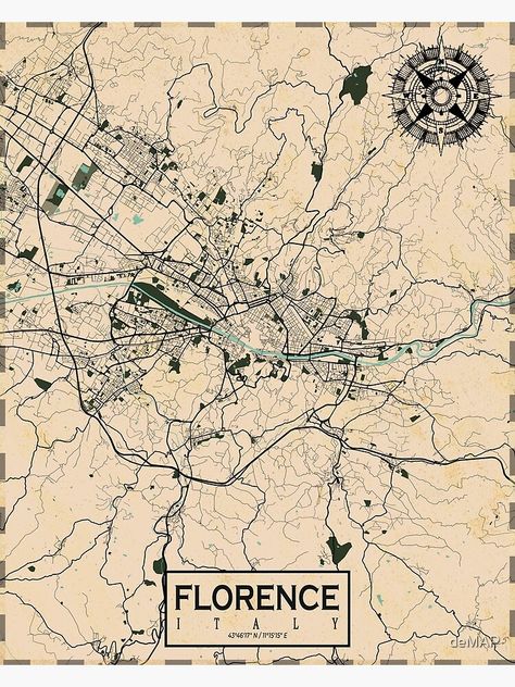 "Florence City Map of Tuscany, Italy - Vintage" Poster by deMAP | Redbubble Florence Italy Poster, Italy Map Aesthetic, Map Of Tuscany Italy, Tuscany Aesthetic, Florence Aesthetic, Florence Map, Tuscany Map, Dorm Pictures, Maps Aesthetic