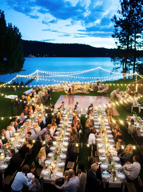 Woodland & Waterfront Pacific Northwest Wedding Inspired by Colorful Florals via Pacific Weddings Lake Wedding Ideas, Selamat Hari Valentine, Lake House Wedding, Wedding Venues Ideas, Lake Como Wedding, Lake Tahoe Weddings, Outdoor Dinner, Lakeside Wedding, Waterfront Wedding