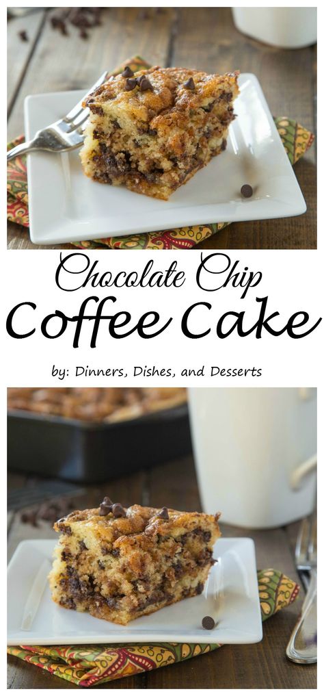 Chocolate Chip Coffee Cake – A light and fluffy coffee cake with a layer of chocolate chip streusel in the middle and on top! Fluffy Coffee Cake, Chocolate Chip Coffee Cake, Fluffy Coffee, Coffee Cakes, Oreo Dessert, Coffee Cake Recipes, S'mores, Healthy Chocolate, Super Yummy