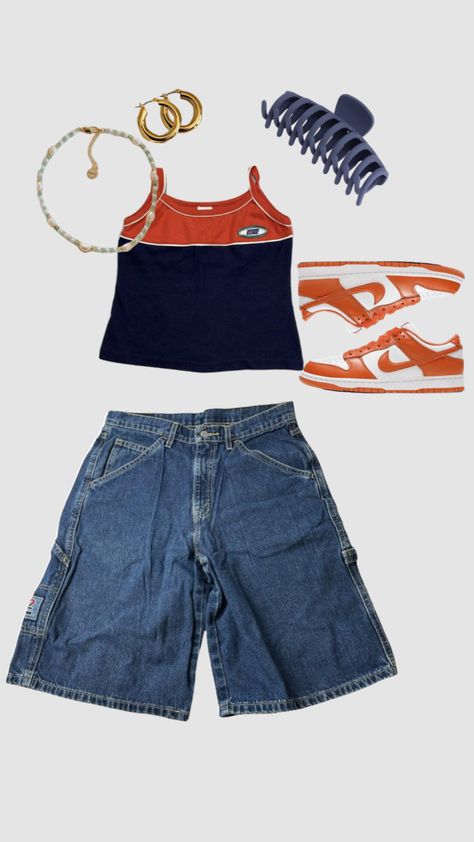 summer outfit INSPO #fashion #orange #pretty #cool #beach Outfit Inspo Y2k Summer, Outfit Layout Aesthetic Summer, Outfit Inspo Jorts, 2000 Summer Outfits, 90s Beach Outfit, Thrift Inspo Summer, Cool Summer Fits, Summer Outfits 2000s Style, Retro Beach Outfit