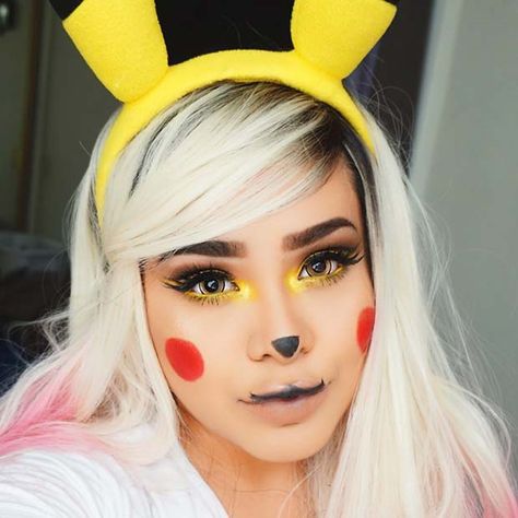 Pikachu Costume Makeup, Pikachu Inspired Makeup, Pikachu Makeup Ideas, Pikachu Eye Makeup, Pikachu Makeup Halloween, Pokemon Makeup Looks, Pikachu Costume Diy, Diy Pikachu Costume, Pikachu Makeup