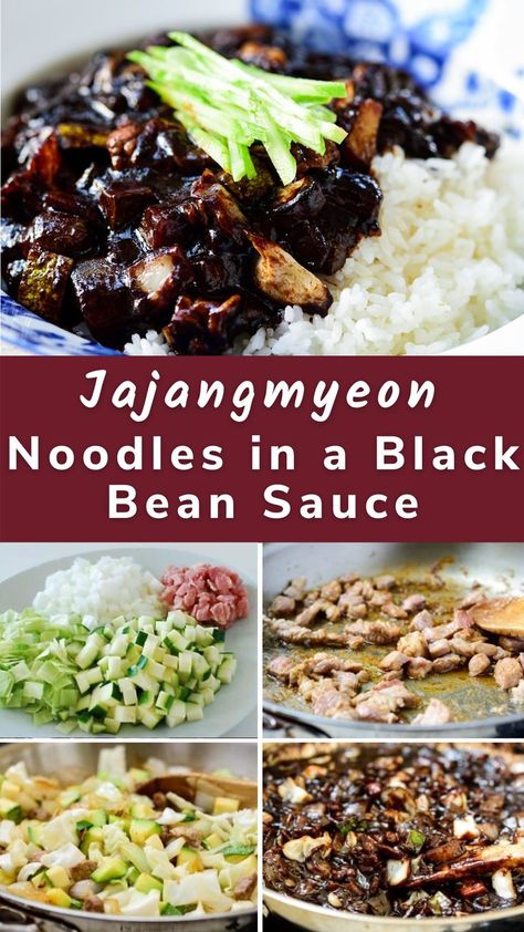 Spicy Black Bean Noodles Korean, How To Make Korean Black Bean Noodles, Korean Black Noodles Recipe, Korean Black Bean Sauce, Korean Jajangmyeon Recipe, How To Make Jajangmyeon, Jangjangmyeon Recipe, Jjajangmyeon Korean Recipe, Jjajjamyeon Recipe