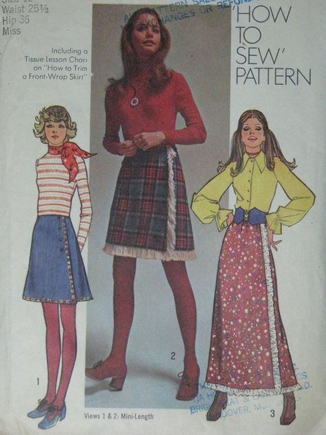 Early 70s Fashion, Braid Fringe, Vintage Skirt Pattern, Skirt With Ribbon, 1970 Fashion, Wrap Skirt Pattern, Beginner Sewing Patterns, 70’s Fashion, Beginner Sewing