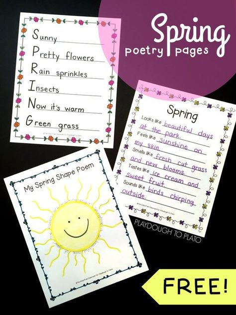 Poetry Pages, Work For Kindergarten, Spring Poetry, Spring Writing Prompts, Poetry Time, Poetry Worksheets, Spring Poem, Playdough To Plato, Spring Bulletin