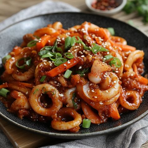 🦑🔥 Get ready for a flavor explosion with Ojingeo Bokkeum—spicy, savory, and irresistibly delicious! 😋 #OjingeoBokkeum #KoreanCuisine Korean Spicy Squid (Ojingeo Bokkeum) Ingredients: Squid (500g, cleaned and sliced) Gochujang (Korean red pepper paste, 2 tbsp) Soy sauce (1 tbsp) Sesame oil (1 tsp) Garlic (3 cloves, minced) Onion (1, sliced) Carrot (1, julienned) Green onion (2 stalks, chopped) Sugar (1 tsp) Sesame seeds (for garnish) Instructions: Sauté garlic and onion in sesame oil until... Ojingeo Bokkeum, Red Pepper Paste, Pepper Paste, Instagram Recipes, Trending Recipes, Minced Onion, Green Onion, Sesame Oil, Sesame Seeds