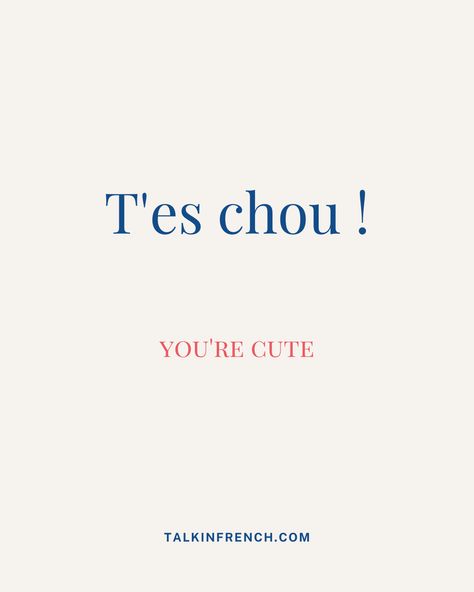 Être chou - to be cute ❤️ T'es chou ! - You're cute! The standard French expression for "to be cute" which you probably know of is "Être mignon ". But here, we are talking about the SLANG or COLLOQUIAL expression. #frenchlanguage #francais #french #learnfrench #learningfrench #frances #studyfrench #frenchcourse #frenchclass #frenchonline #frenchvocabulary #frenchwords #frenchexpression #frenchlearning #france #frenchquote #frenchlearners #dailyfrench French Callsign, I Like You In French, French Romantic Words, Pretty Words French, Easy French Words, Compliments In French, French Cute Words, France Quotes English, Pretty Words In French