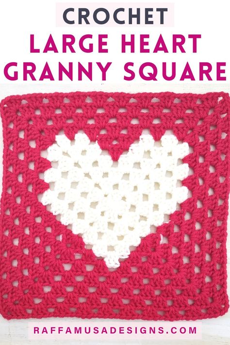 a crocheted large heart granny square made with red and white Aran-weight yarn Heart In Granny Square Pattern, Big Heart Granny Square, Simple Granny Square Bag, Crochet Granny Heart Square, Crochet Heart Square Pattern Free, Granny Square With Heart Center, Granny Square Heart Crochet Pattern, Crochet Granny Square Pattern Free Easy Simple, Granny Heart Crochet Pattern Free