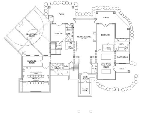 Floor plan with basketball court in this mountain luxury home Indoor Sports Court, Home Basketball Court, Basketball Court Flooring, Mountain Home Exterior, Bungalow Style House, Basketball Tricks, Luxury Plan, Entertaining House, Indoor Basketball Court