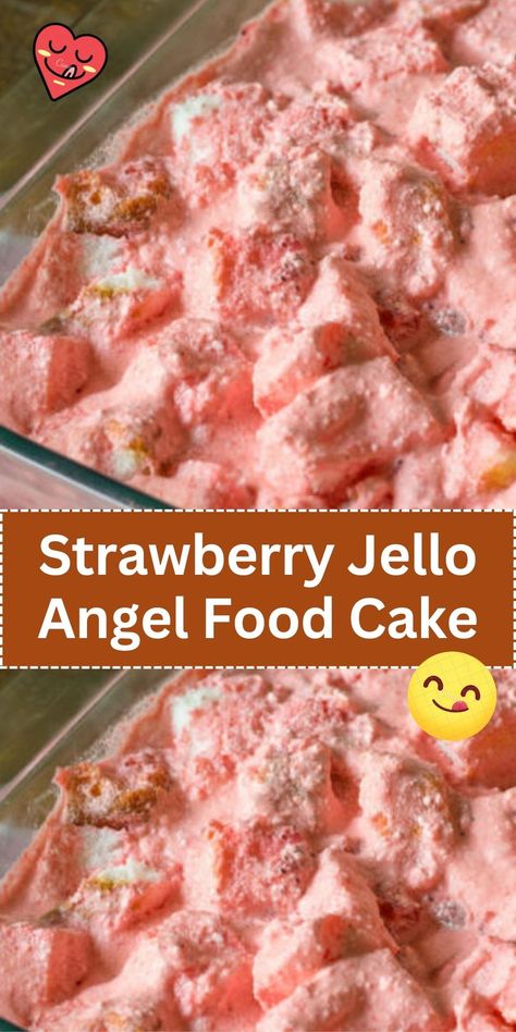 A light and airy angel food cake combined with strawberry jello, creating a moist, fruity dessert, often topped with whipped cream or fresh strawberries. Angel Food Cake Pineapple Cool Whip, Angel Food Cake With Frosting, Angel Food Jello Cake, Angel Food Cake And Strawberries Dessert, Strawberry Jello Cool Whip Dessert, Angel Cake Desserts, Strawberry Angelfood Cake Dessert, Weight Watchers Angel Food Cake Recipes, What To Make With Angel Food Cake