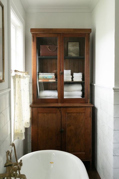 Bathroom Hutch, The Misfit House, Misfit House, Vintage Hutch, Light And Dwell, Rustic Bathrooms, Downstairs Bathroom, Vintage Cabinets, Bath Room