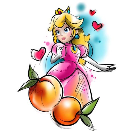 Princess Peach, Super Mario World Mario Peach Tattoo, Princess Peach Tattoo Ideas, Princess Peach Tattoo, Super Mario Tattoo, Peach Tattoo, Peach Water, Princess Painting, Peach Mario, Princess Tattoo