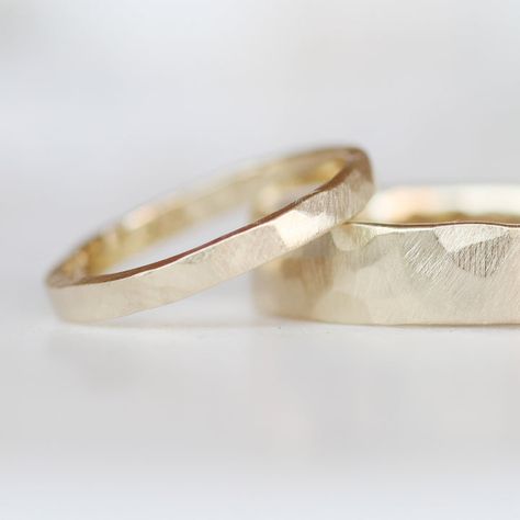 Womens Gold Wedding Band Simple, Wedding Ring Hammered, Wedding Rings Matte Gold, Flat Wedding Bands For Women, Flat Band Ring, Gender Neutral Rings, Simple Wedding Bands His And Hers, Hammered White Gold Ring, Gold Band Wedding Ring Women