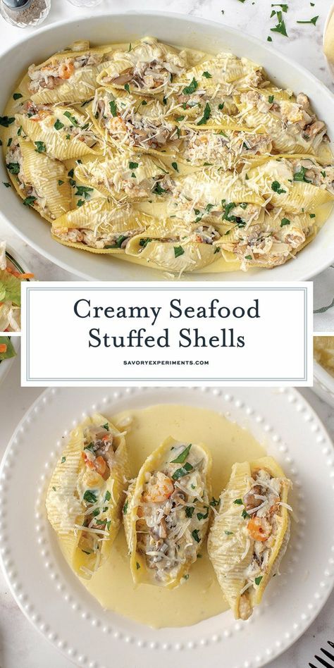 Seafood Recipes For Dinner Families, Seafood Anniversary Dinner Ideas, Fancy Anniversary Dinner, Fancy Dishes Dinners, Catering Dinner Ideas, Fancy Meals Dinners, Salmon Stuffed Shells, Fancy Seafood Dinner, Fancy Dinner Ideas