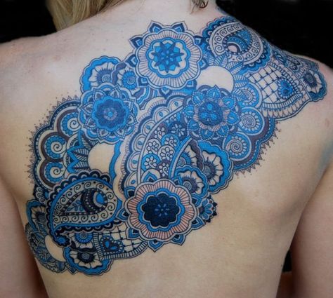 Paisley and lace can add a touch of vintage glamour to your lace tattoo, consider blues and other vibrant colors if you are looking for a paisley lace ... Paisley Tattoos, Paisley Tattoo, Blue Ink Tattoos, Lace Tattoo Design, Blue Tattoo, Lace Tattoo, Full Sleeve Tattoos, Home Tattoo, Tattoo Pattern