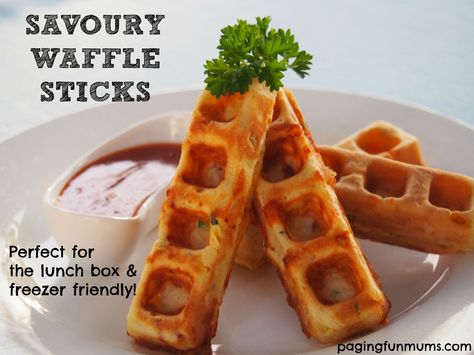 Savoury Waffle Sticks - perfect for the school lunch box or party 'finger' food! Savory Waffle Recipe, Waffle Sticks, Preschool Lunch, Baking Breads, Kids Treats, Kid Lunches, Savory Waffles, Kid Recipes, Fingerfood Party