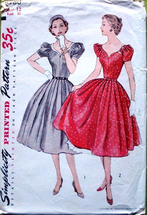 Simplicity 3780 ©1951 Dress with Detachable Trim and Petticoat Full Skirt Dress Pattern, Skirt Dress Pattern, Vintage Clothes Patterns, Patron Vintage, Fashion Illustration Vintage, 20th Century Fashion, Vintage Dress Patterns, Fashion 1950s, Full Skirt Dress