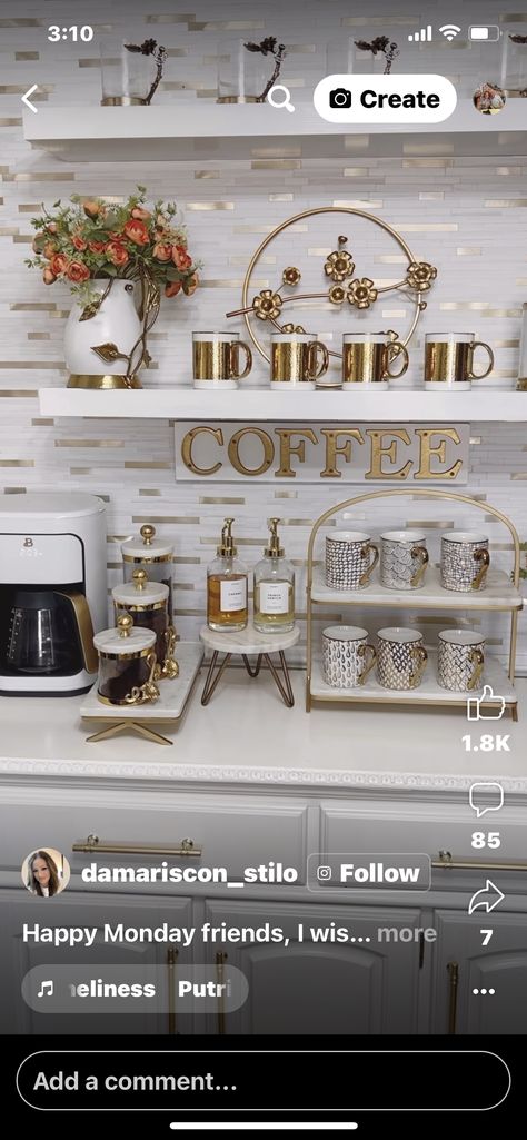 French Coffee Bar Ideas, Boujee Kitchen Decor, Elegant Coffee Bar Ideas, Kitchen Without Island, Glam Coffee Bar, Tea Set Decor, Farmhouse Dinnerware Sets, Small Bedroom Inspiration, Glam Living Room Decor