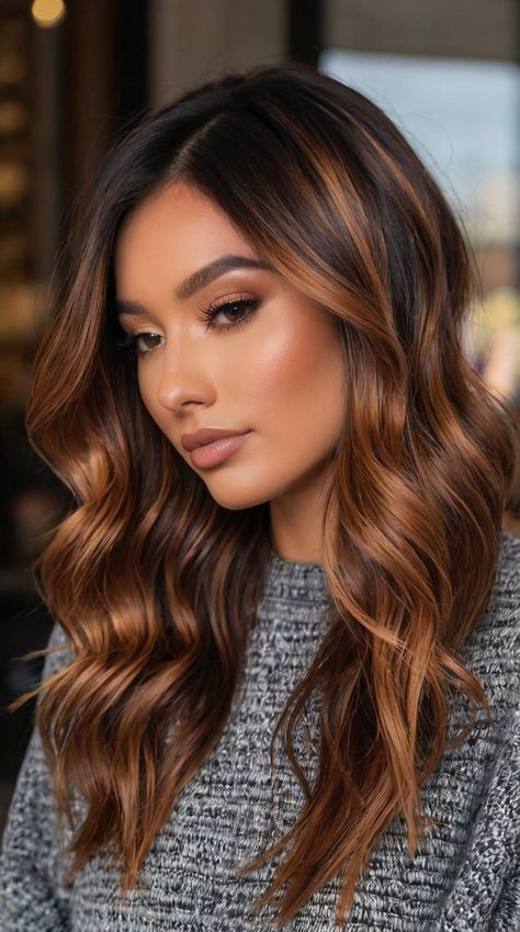 Copper Tips On Brown Hair, Rooty Copper Hair, Brunette And Copper Balayage, Hair Colours 2024, Fun Summer Hair Color For Brunettes, Brown And Copper Balayage, Brunette Copper Balayage, Cooper Balayage Brunettes, Copper Brown Balayage