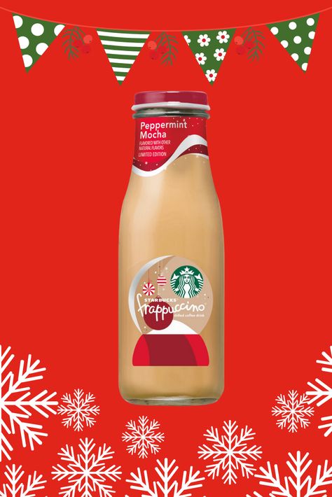 Starbucks Peppermint Mocha, Mocha Frappuccino, Chill Drinks, Starbucks Christmas, Peppermint Mocha, Christmas Baskets, Coffee Bottle, Frappe, Coffee Flavor