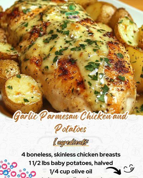 Roasted Chicken Potatoes, Garlic Parmesan Chicken And Potatoes, Parmesan Chicken And Potatoes, Chicken And Potatoes, Garlic Parmesan Chicken, Parmesan Chicken, Baby Potatoes, Boneless Skinless Chicken, Garlic Parmesan