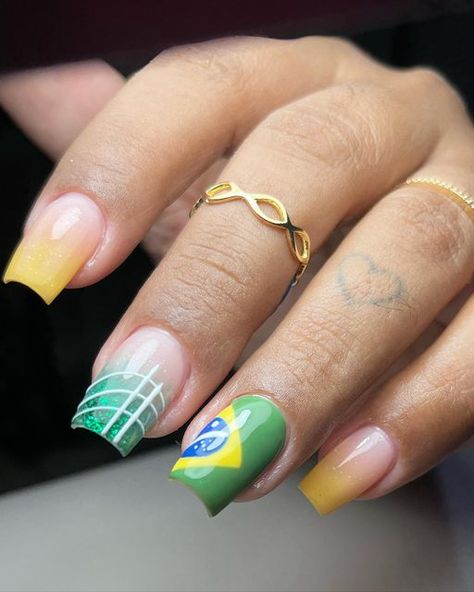 Flag Nails, Brown Acrylic Nails, Brazil Flag, Nails Design, Turquoise Ring, Acrylic Nails, Brazil, Nail Designs, Flag