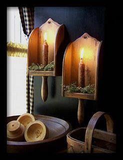 Vintage wooded scoops re-purposed as candle holders! Colonial Lighting, Primitive Lighting, Primative Decor, Primitive Candles, Wooden Scoop, Primitive Homes, Prim Decor, Primitive Furniture, Wood Candle